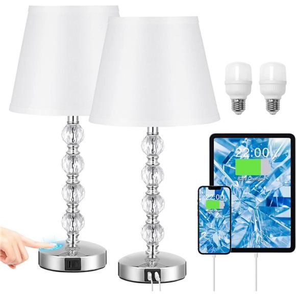Bedside Lamps for bedrooms Set of 2 - Crystal Nightstand Bedroom Lamps with USB - Picture 1 of 6
